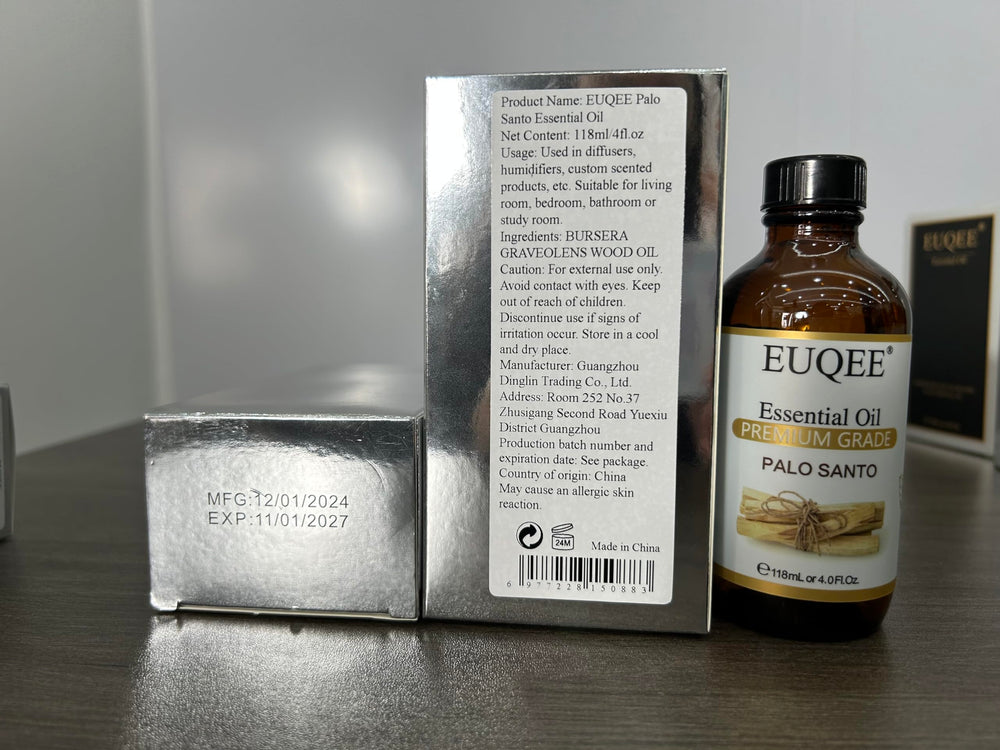 EUQEE Palo Santo oil with satisfaction guarantee card