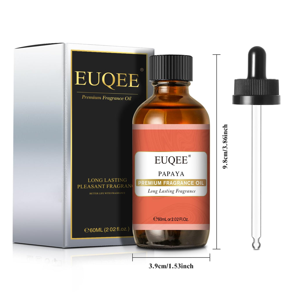 Close-up of amber glass bottle and glass dropper for EUQEE Papaya Fragrance Oil