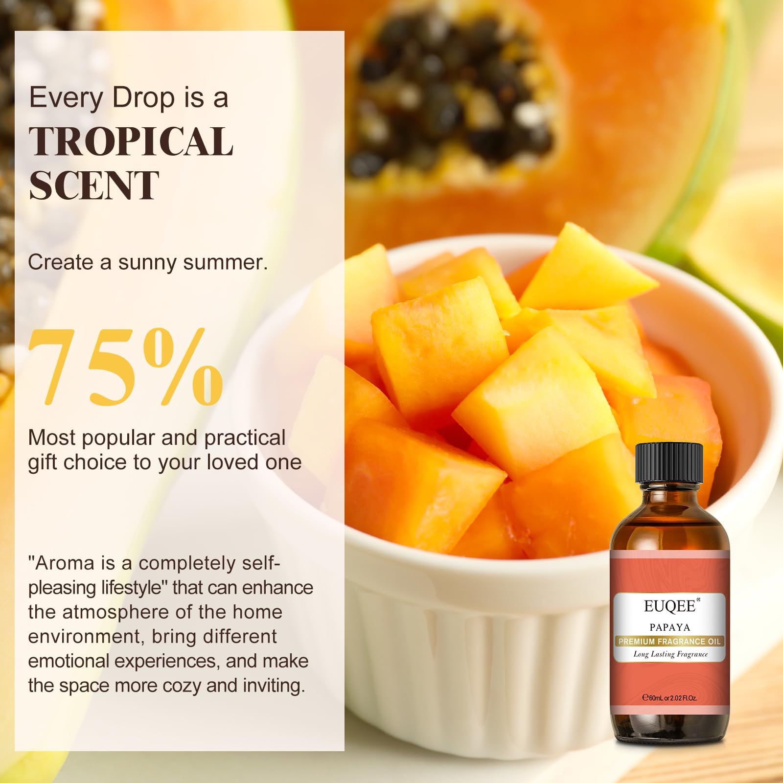 Close-up of the EUQEE Papaya Fragrance Oil label