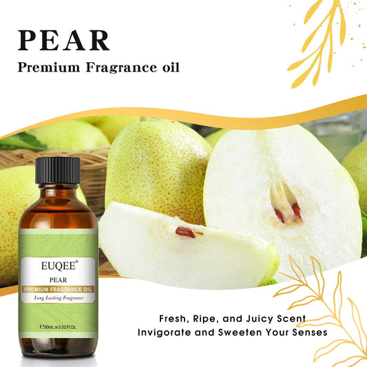 Close-up of EUQEE Pear Fragrance Oil amber bottle and dropper