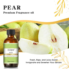 Close-up of EUQEE Pear Fragrance Oil amber bottle and dropper