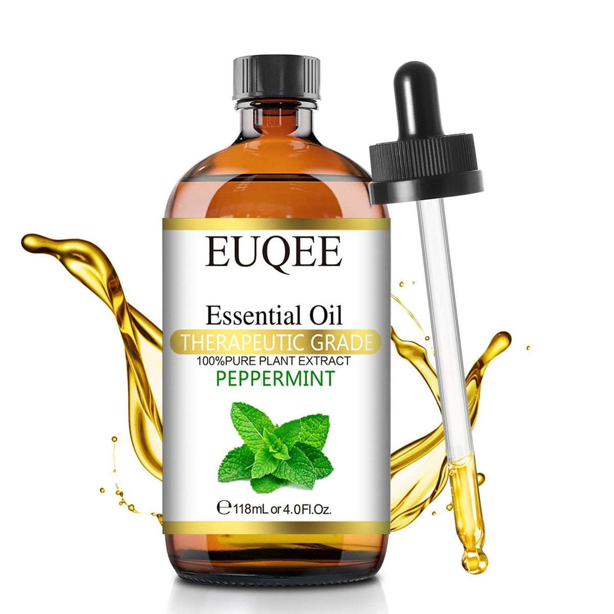 EUQEE Peppermint Essential Oil 118 ml in amber glass bottle with dropper