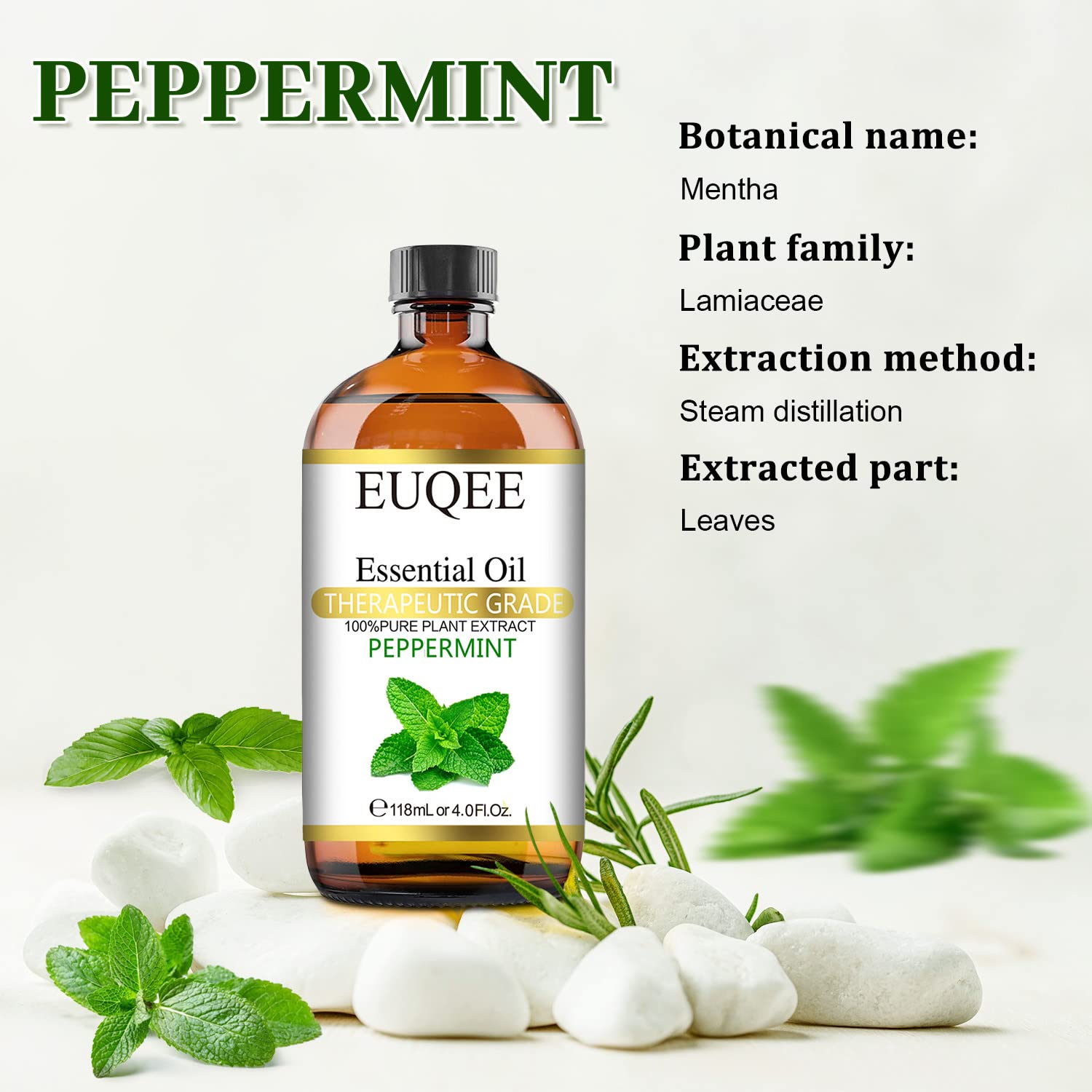 Peppermint essential oil 118 ml close-up bottle and dropper