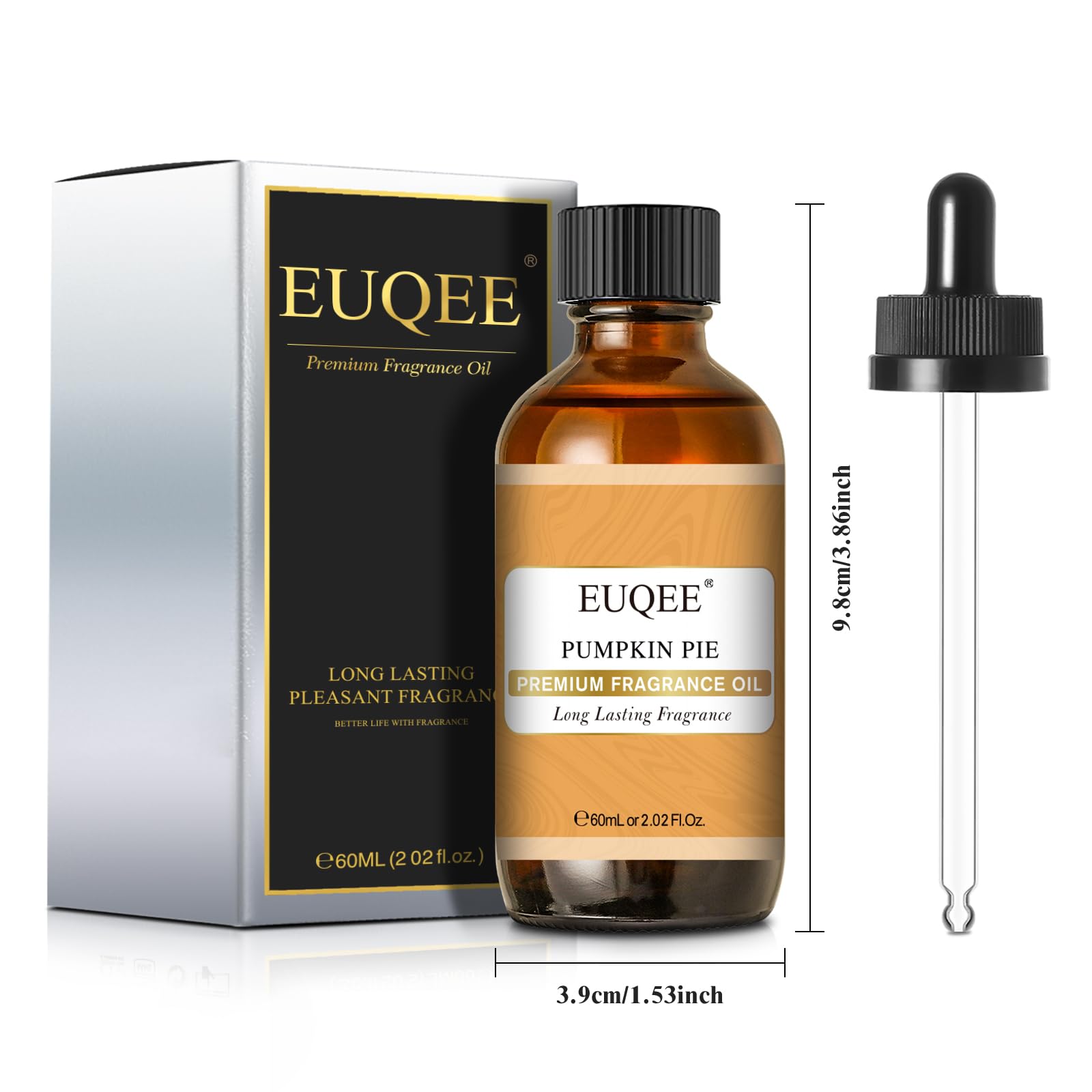 Close-up of amber bottle and glass dropper for EUQEE Pumpkin Pie Fragrance Oil