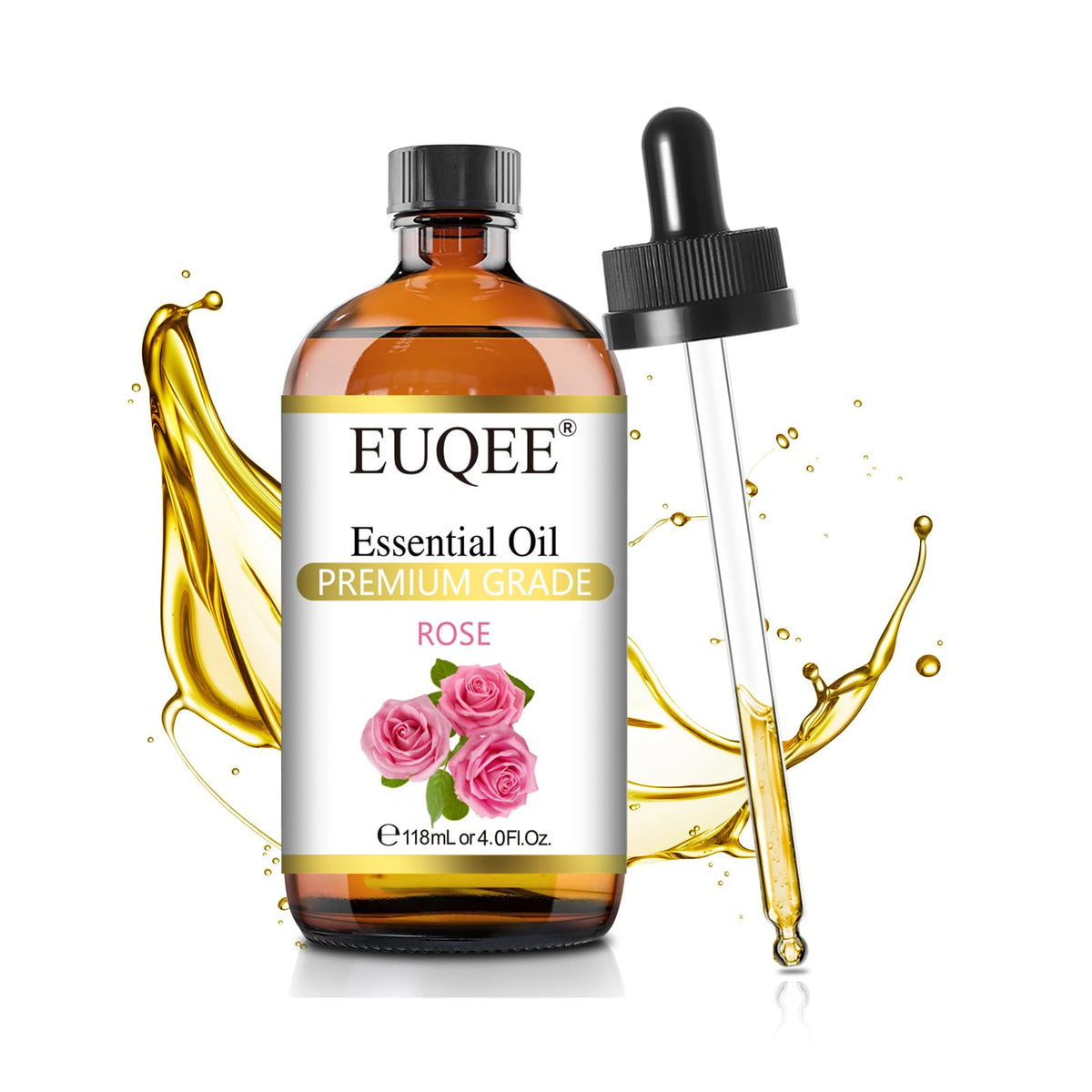 EUQEE Rose Essential Oil 118mL amber glass bottle with dropper