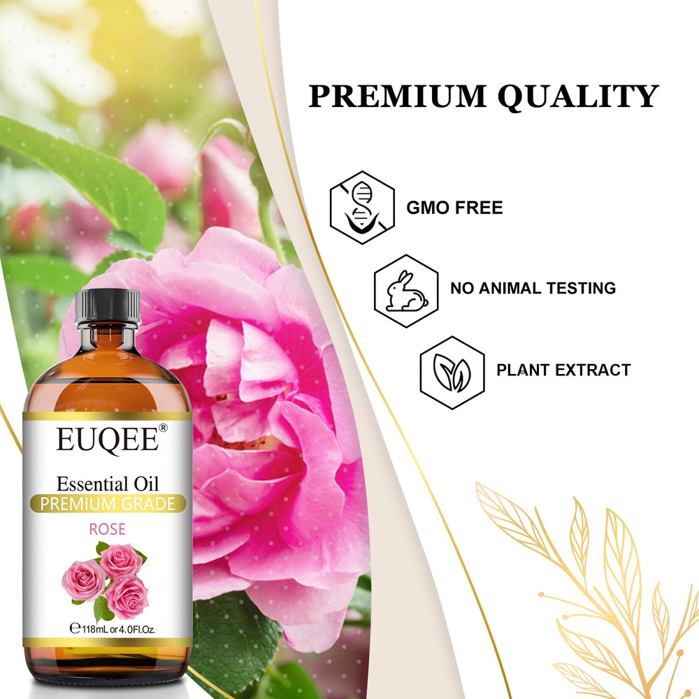 Amber glass dropper containing EUQEE Rose Essential Oil