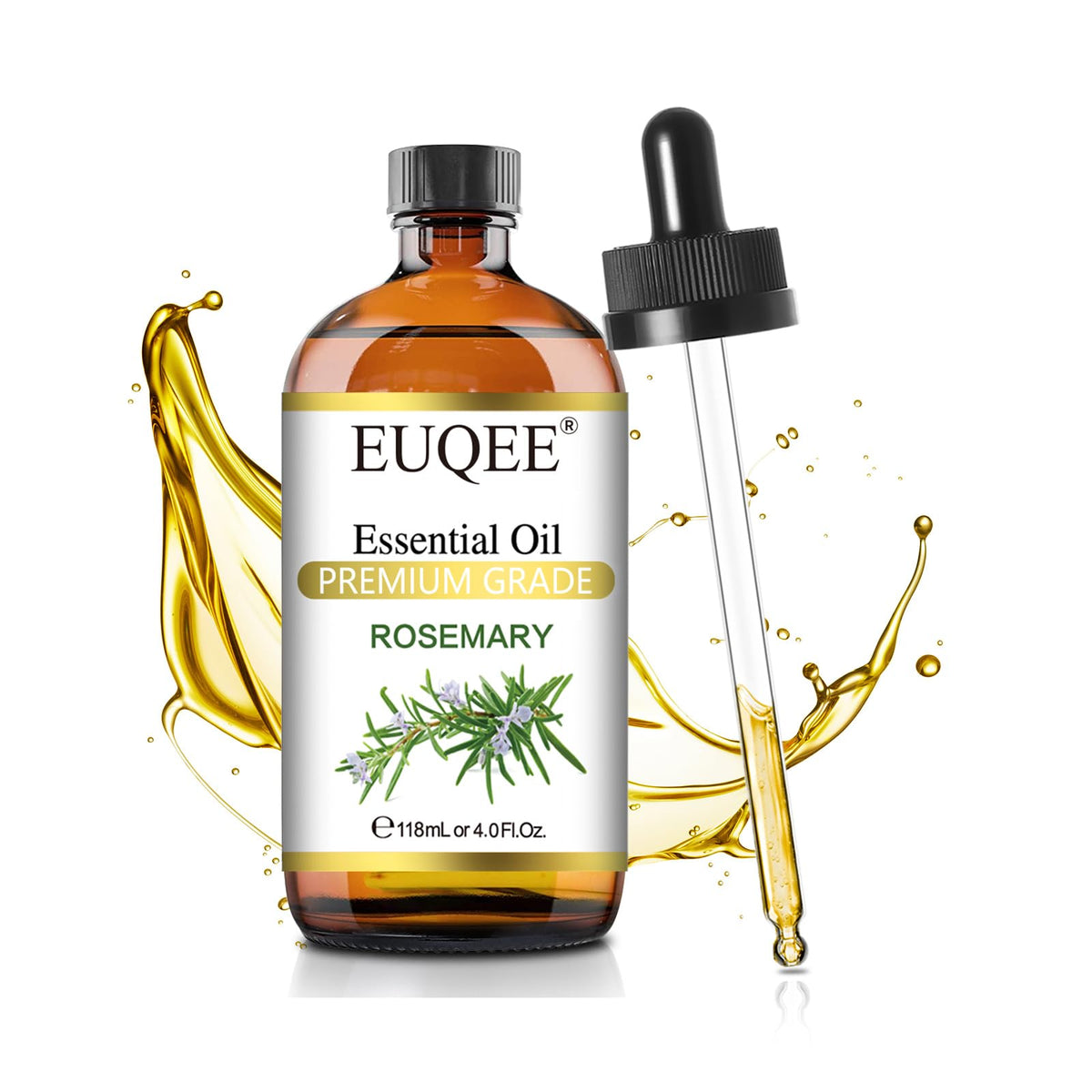 EUQEE Rosemary Essential Oil 118ml in amber glass bottle with dropper