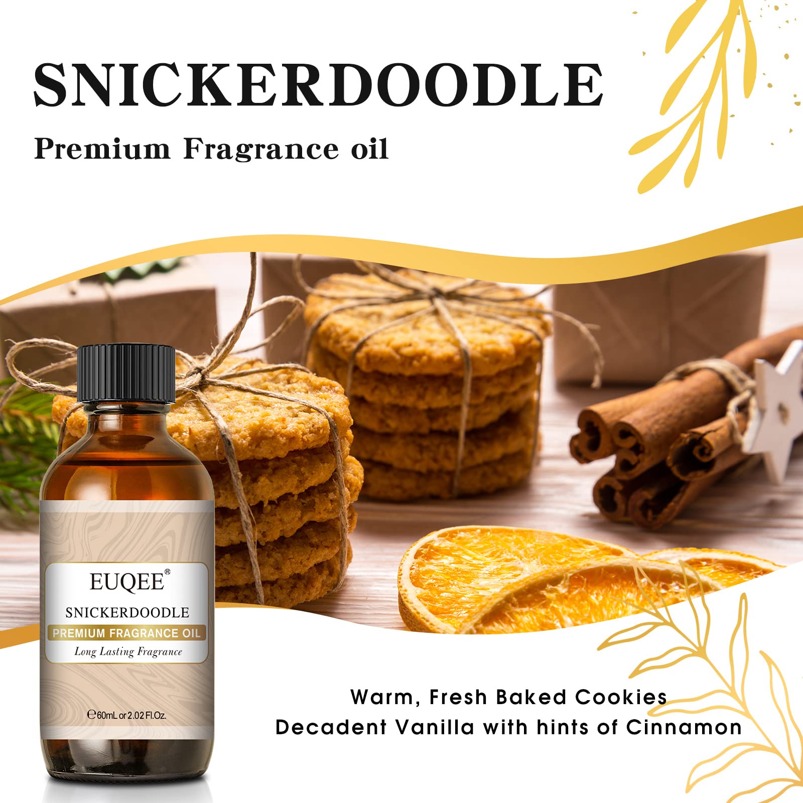 Close-up of label and amber bottle of EUQEE Snickerdoodle Fragrance Oil