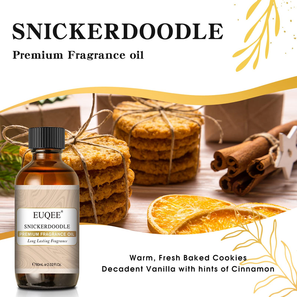 Close-up of label and amber bottle of EUQEE Snickerdoodle Fragrance Oil