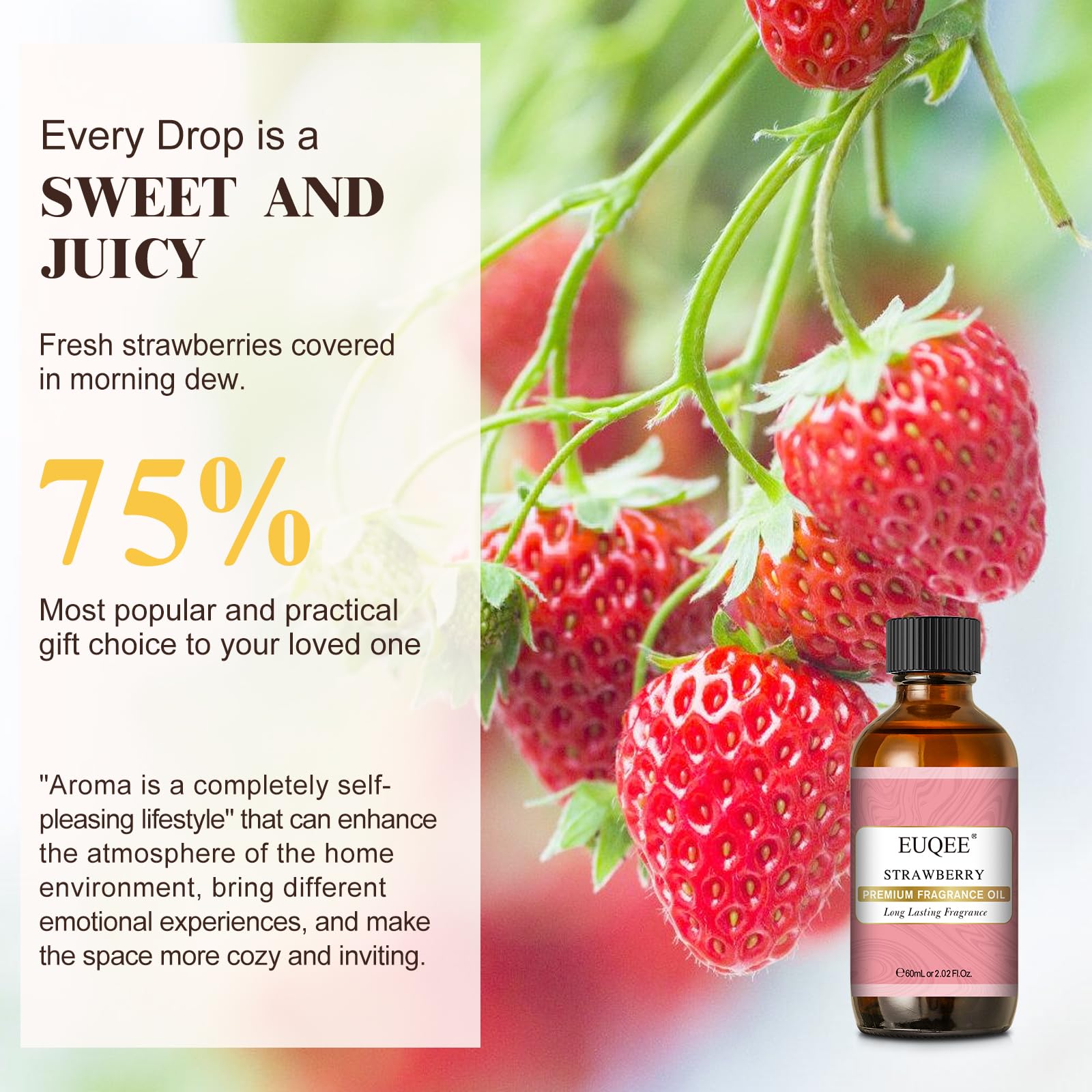 Close-up of the bottle label showing strawberry scent