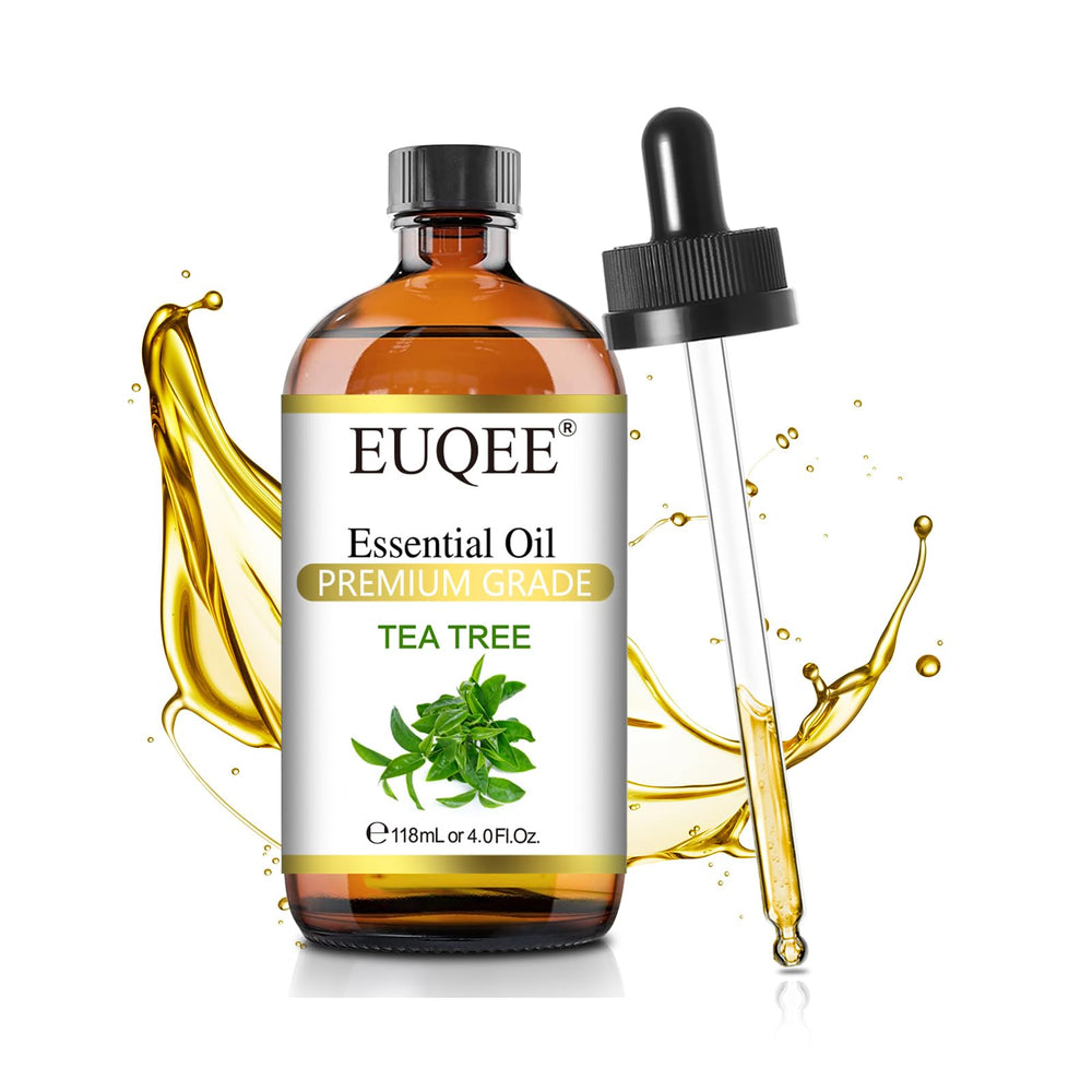 Amber glass bottle of EUQEE Tea Tree Essential Oil with 4 oz / 118 ml size