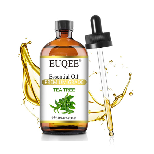 Amber glass bottle of EUQEE Tea Tree Essential Oil with 4 oz / 118 ml size