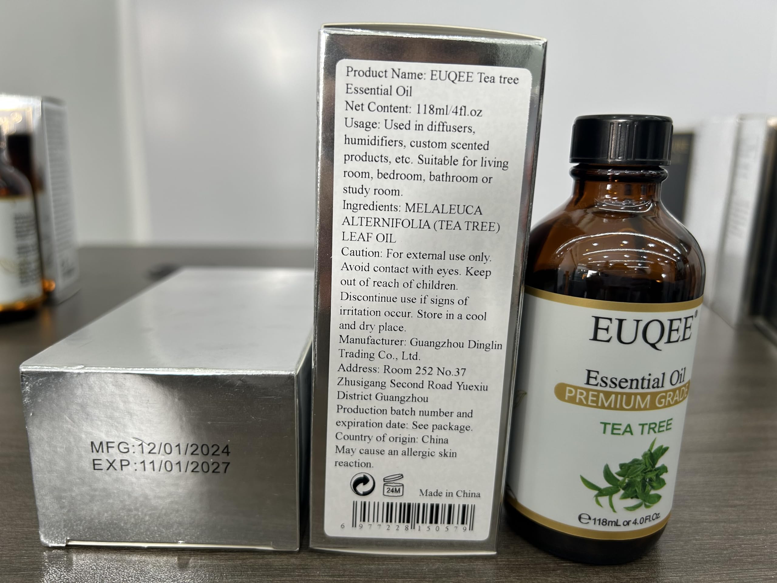 Label view of EUQEE Tea Tree Essential Oil bottle