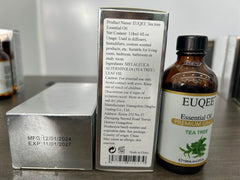 Label view of EUQEE Tea Tree Essential Oil bottle