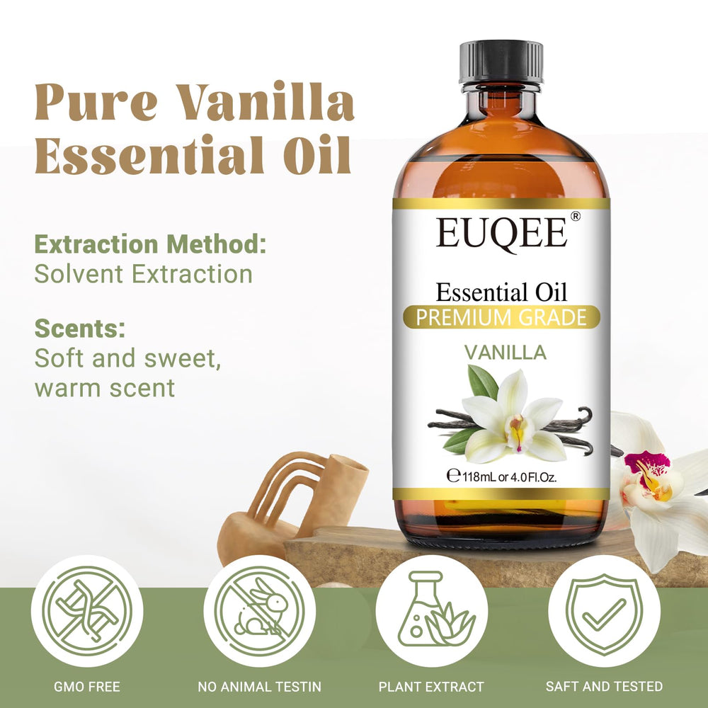 Close-up of vanilla essential oil bottle with dropper