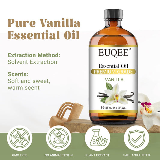 Close-up of vanilla essential oil bottle with dropper