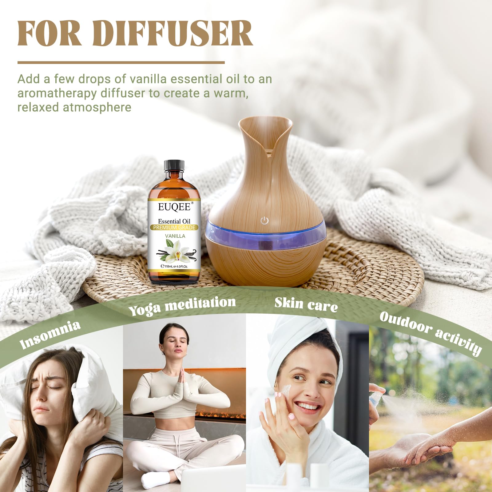Vanilla essential oil bottle beside spa setup for massage