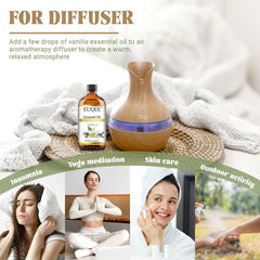 Vanilla essential oil bottle beside spa setup for massage