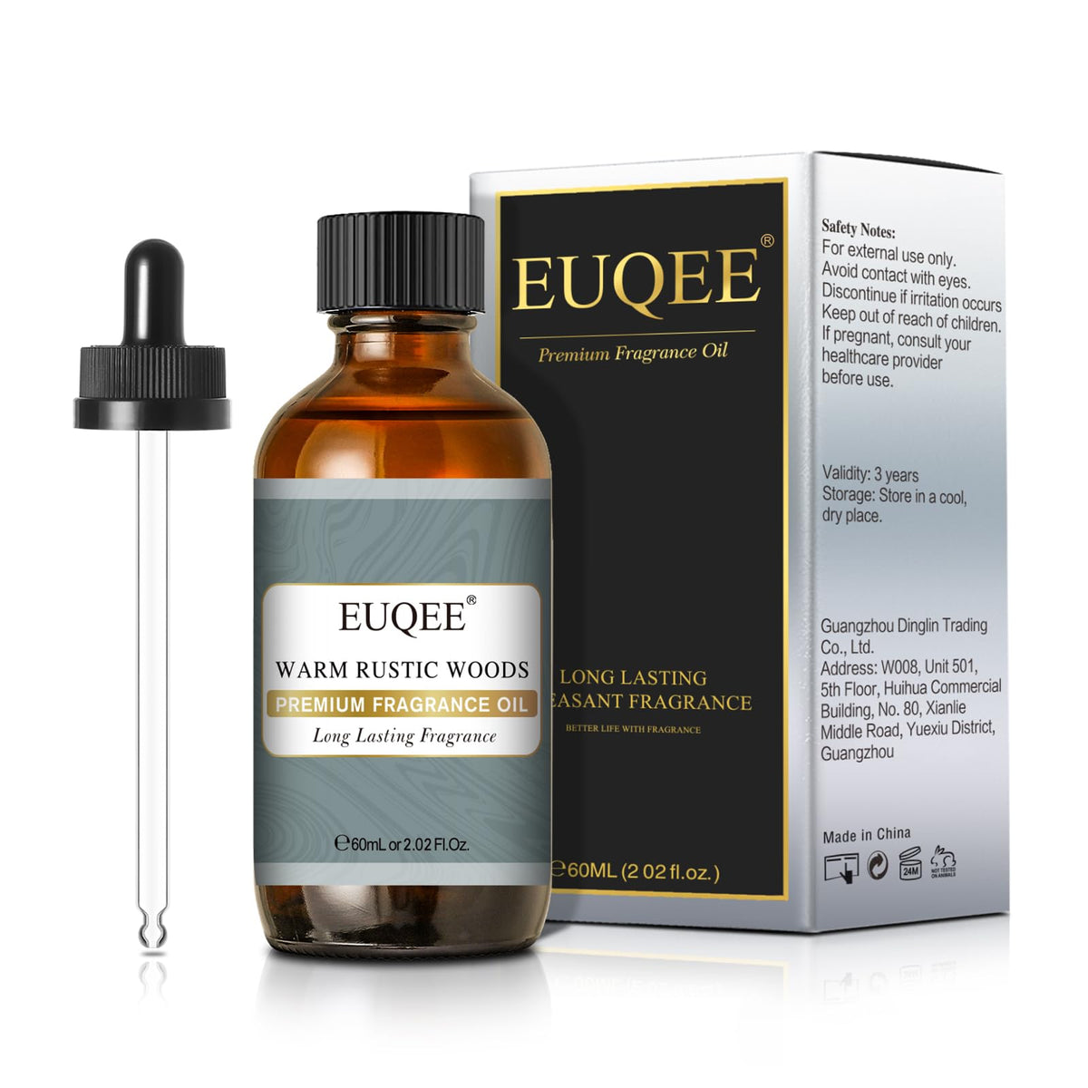 EUQEE Warm Rustic Woods fragrance oil 60ml amber bottle