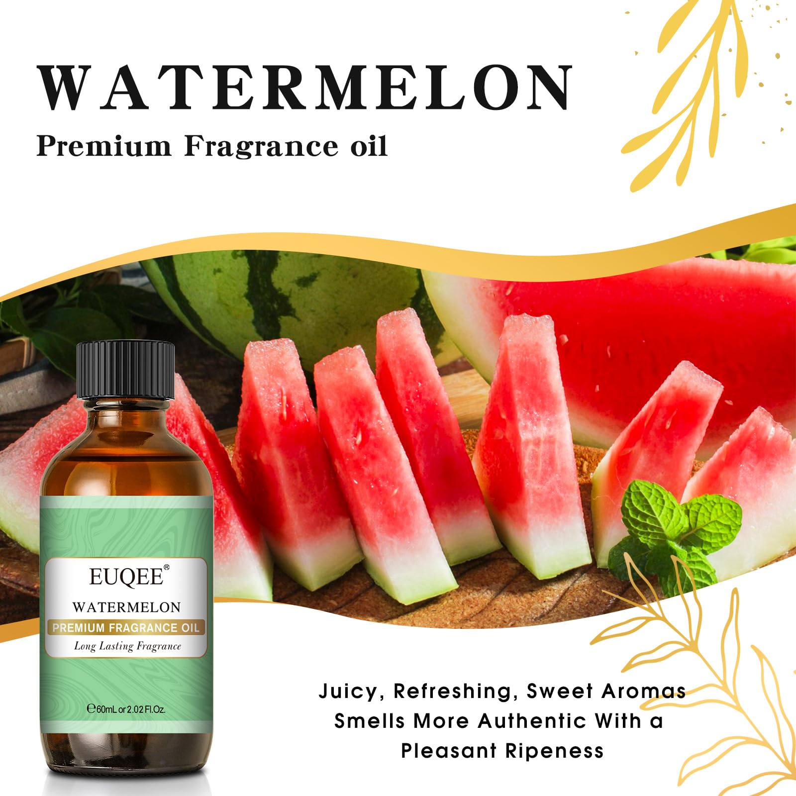 Front view of EUQEE Watermelon fragrance oil bottle