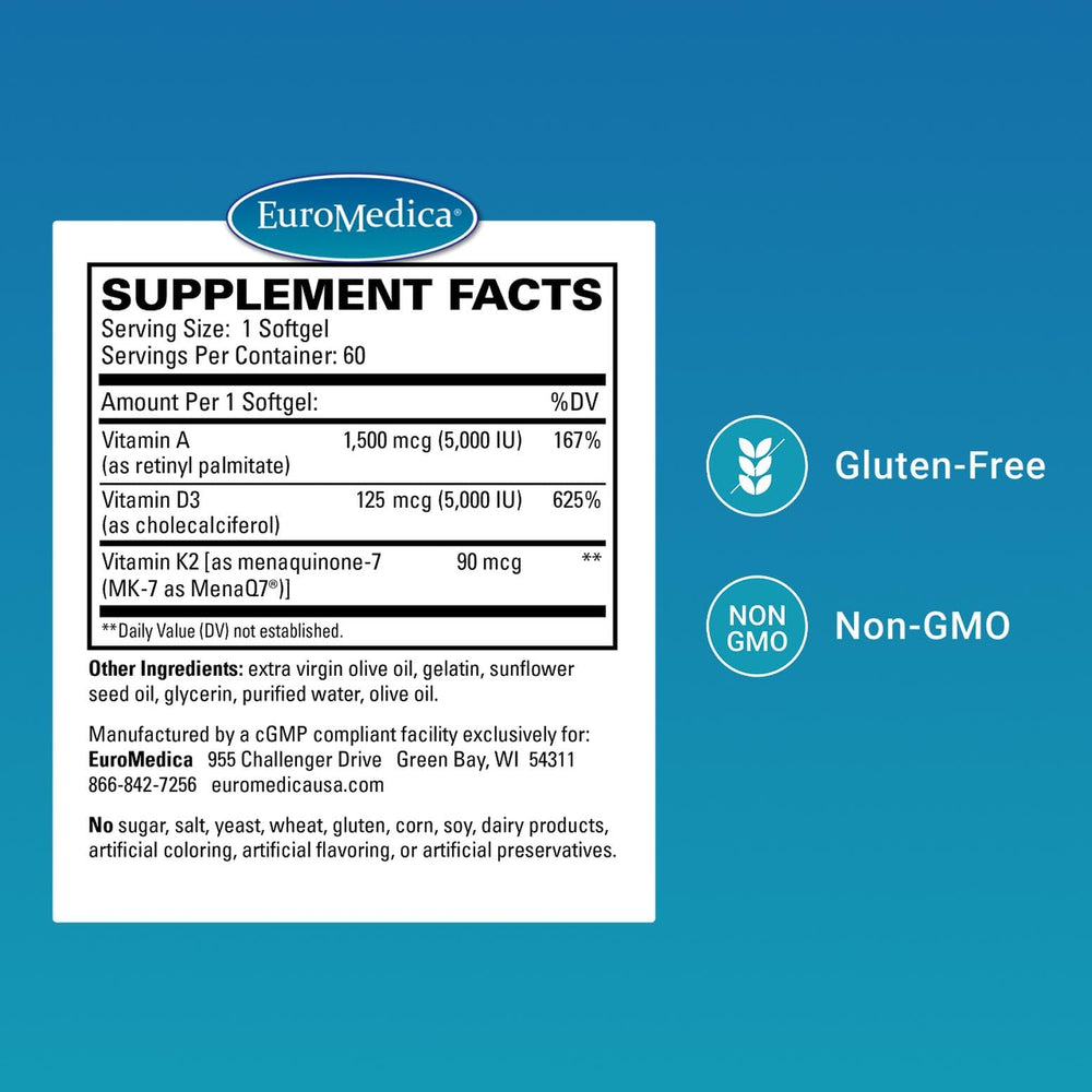 Close-up of Vitamin A, D3, and K2 softgels for cardiovascular support
