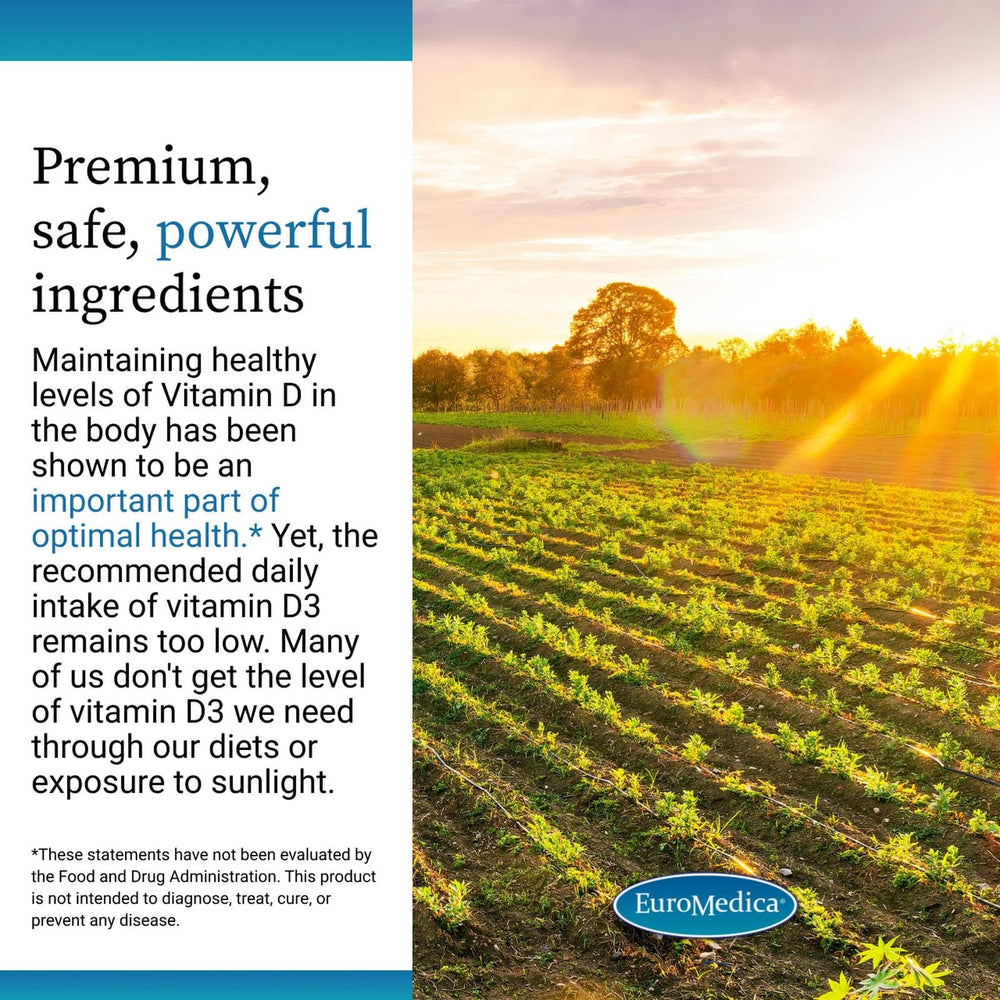 Nutrition facts label on EuroMedica Vitamin D3 bottle