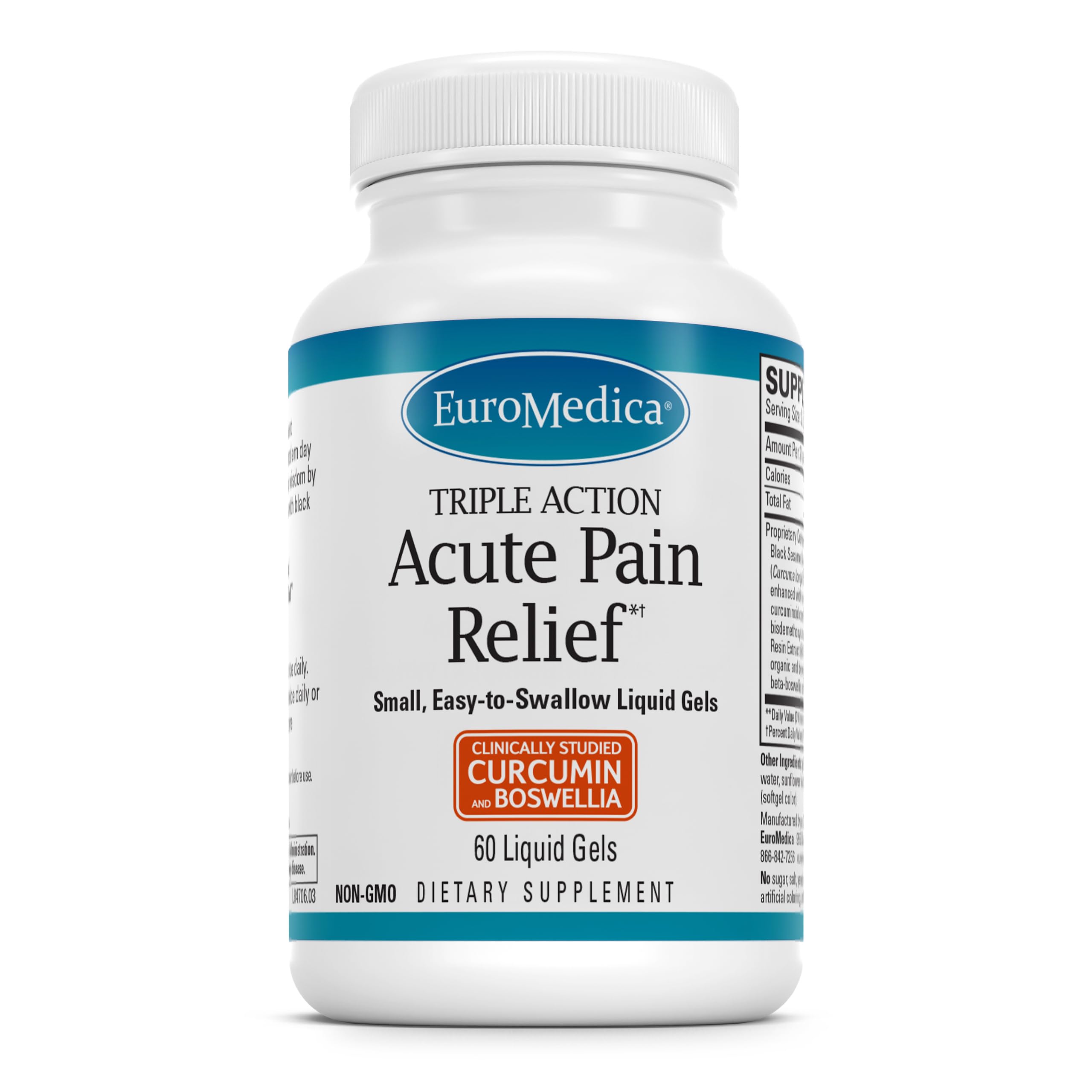 Euromedica Acute Pain Relief bottle displaying BCM-95 Curcumin & BOS-10 Boswellia