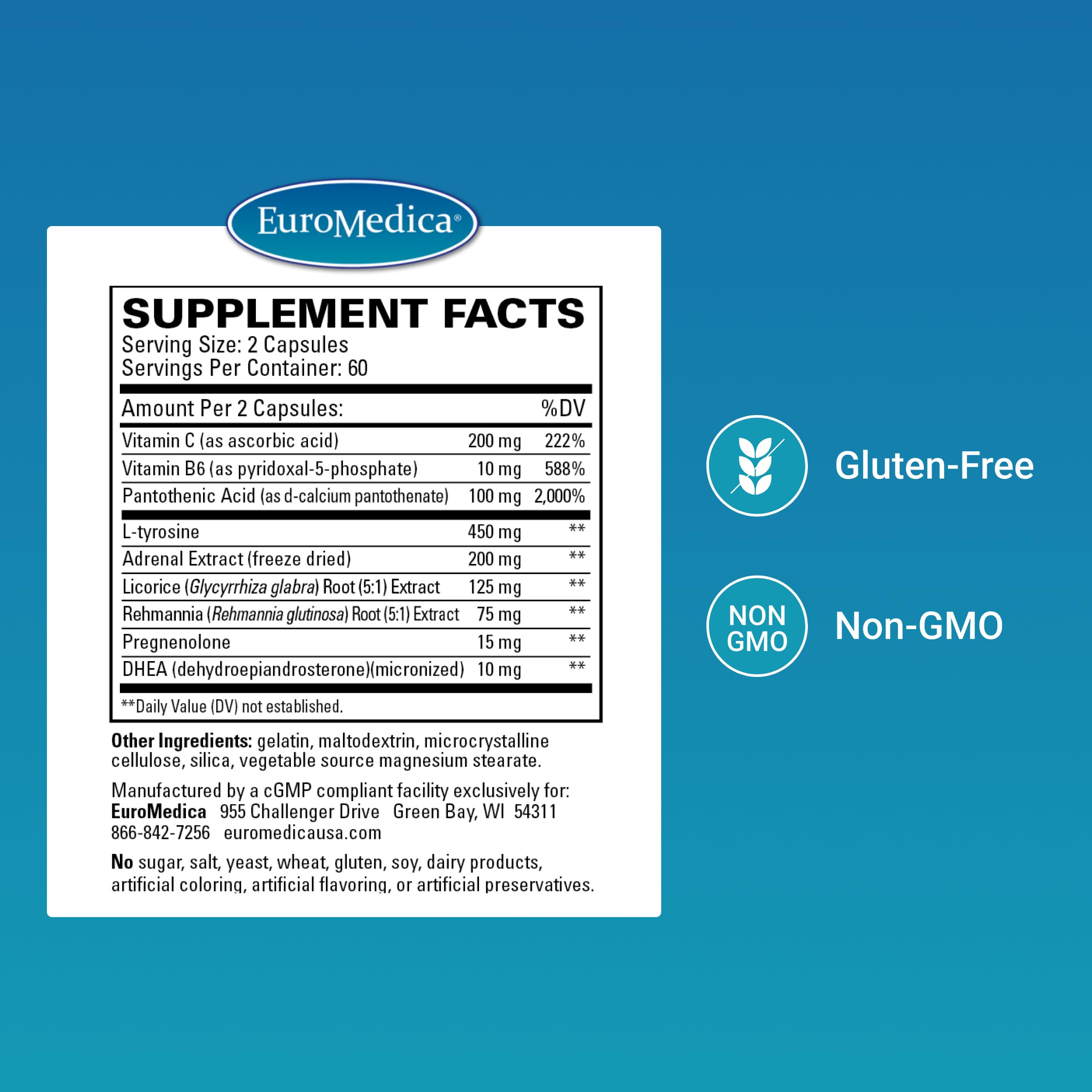 EuroMedica Adrenaplex bottle back reveals supplement facts and daily usage guidance.