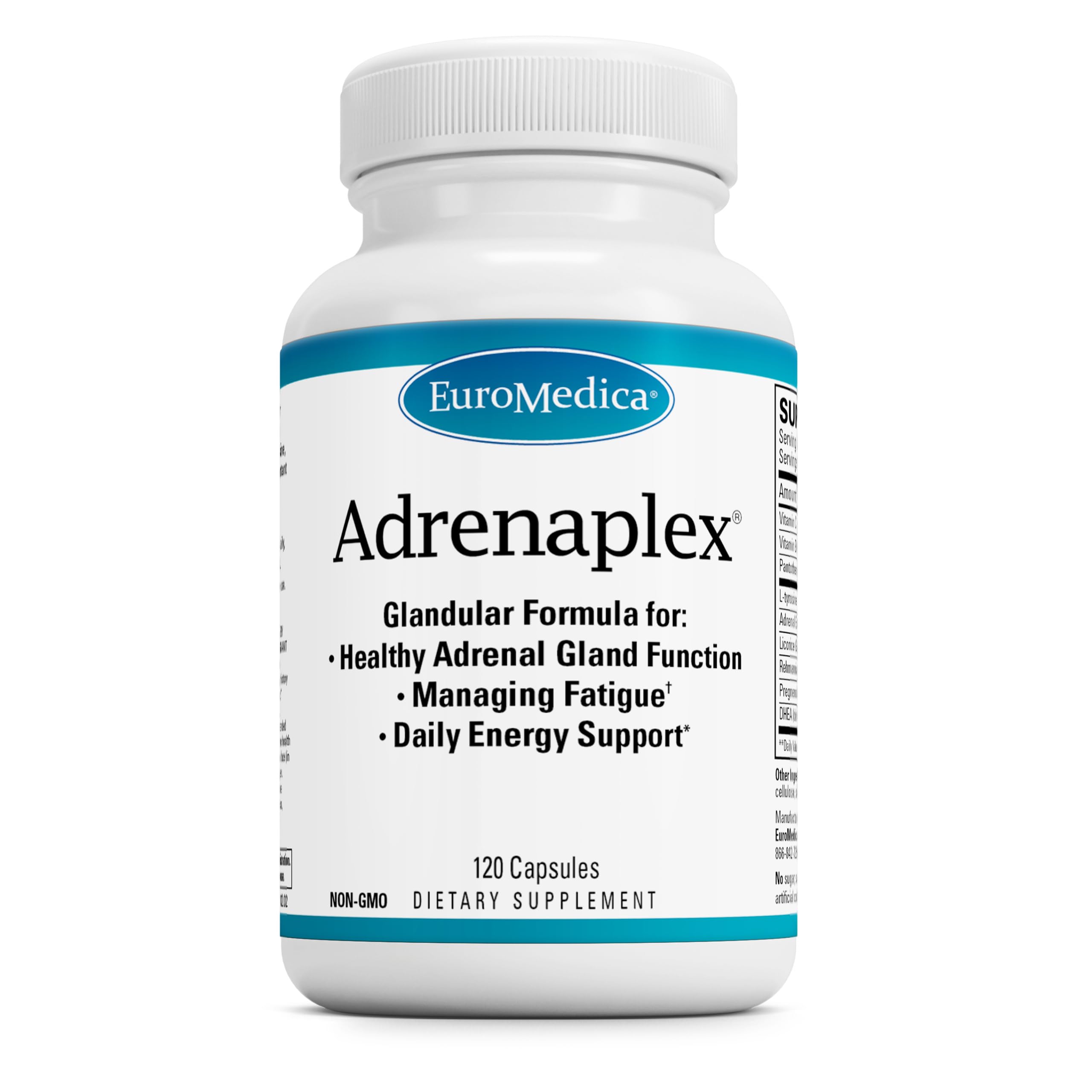 EuroMedica Adrenaplex bottle front with compact capsules for daily adrenal support.