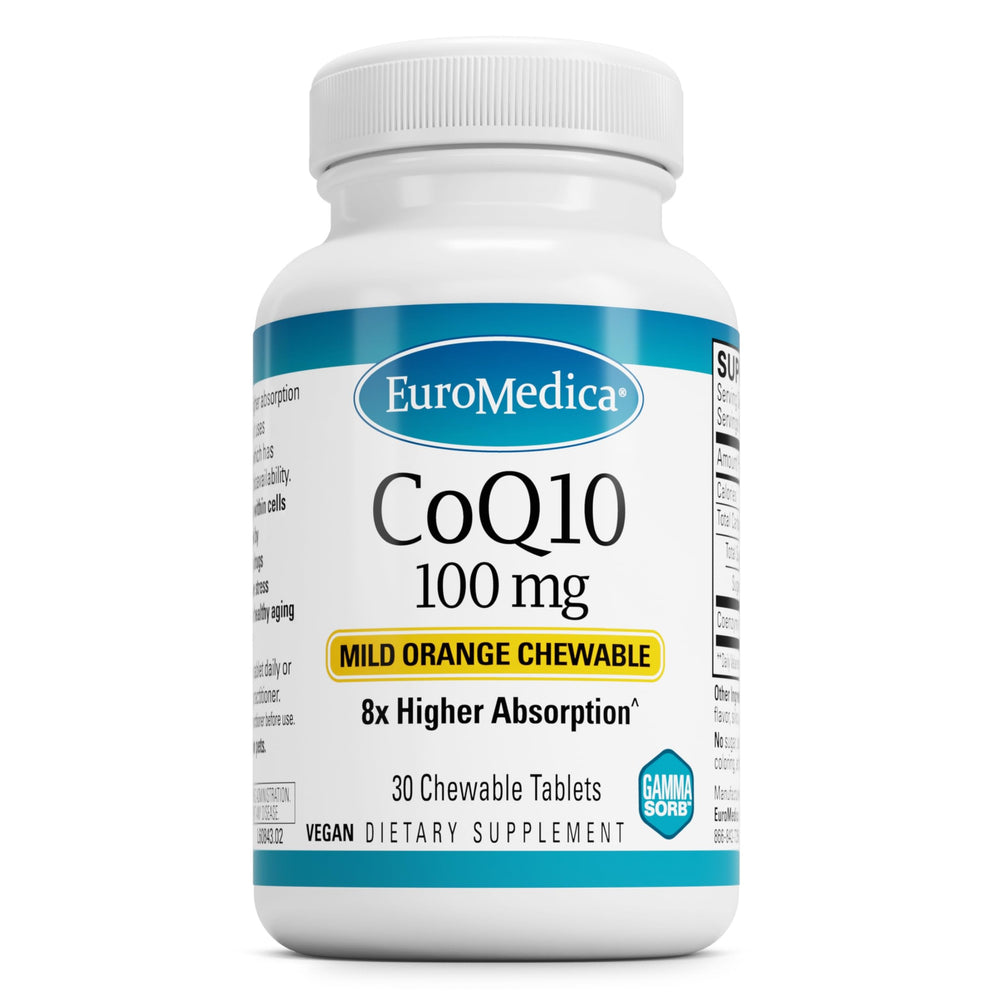 Front view of EuroMedica CoQ10 100 mg chewable bottle