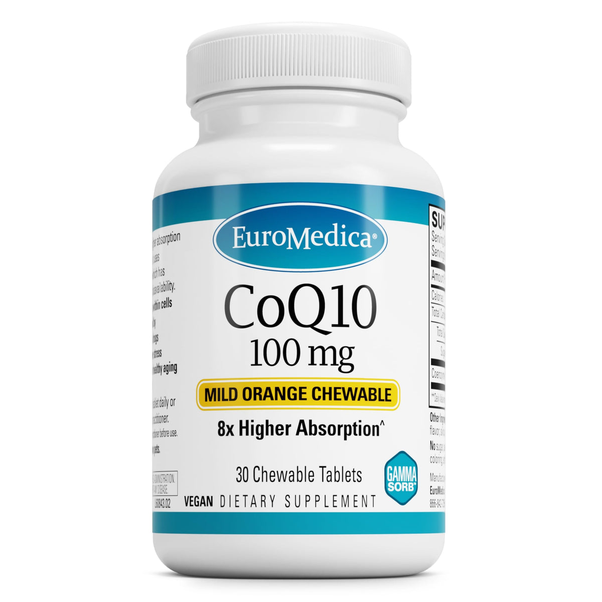 Front view of EuroMedica CoQ10 100 mg chewable bottle