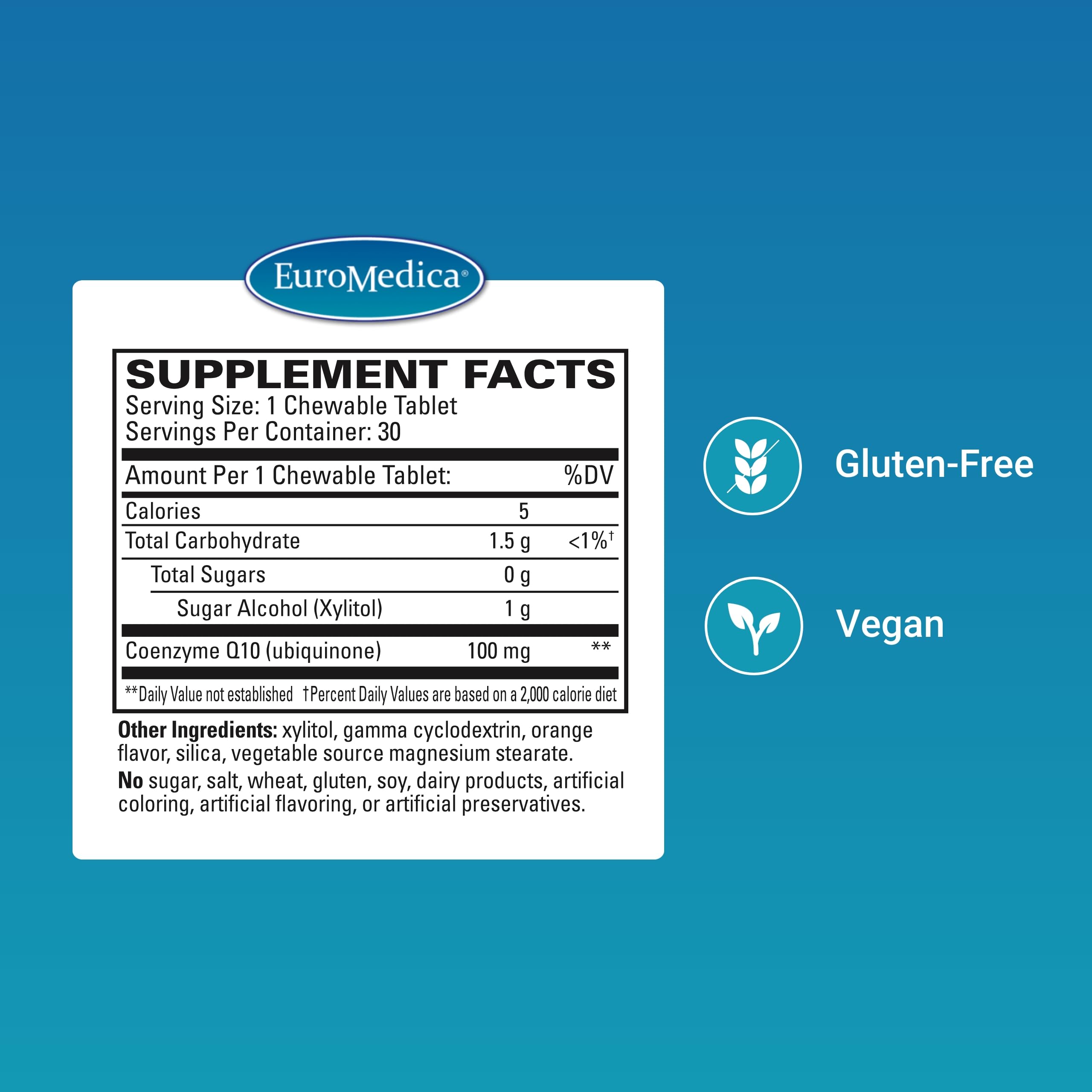 Close-up of 30 chewable CoQ10 tablets