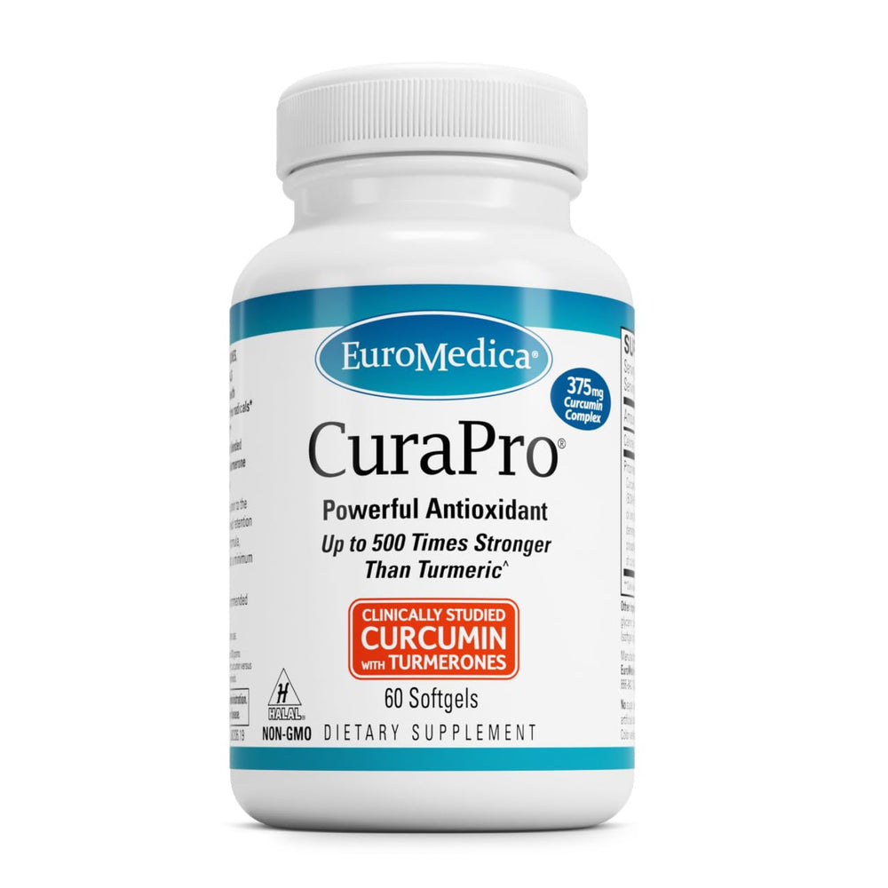 EuroMedica CuraPro bottle with softgels for convenient daily antioxidant support.
