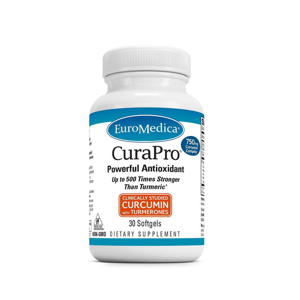 EuroMedica CuraPro brain health bottle supports cognitive vitality with high-potency curcuminoids.