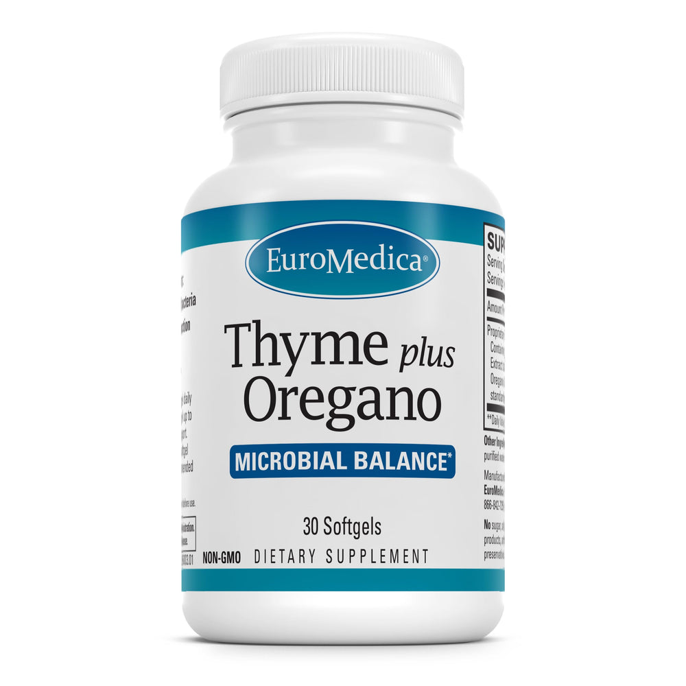 EuroMedica Thyme Plus Oregano bottle and softgels on white background