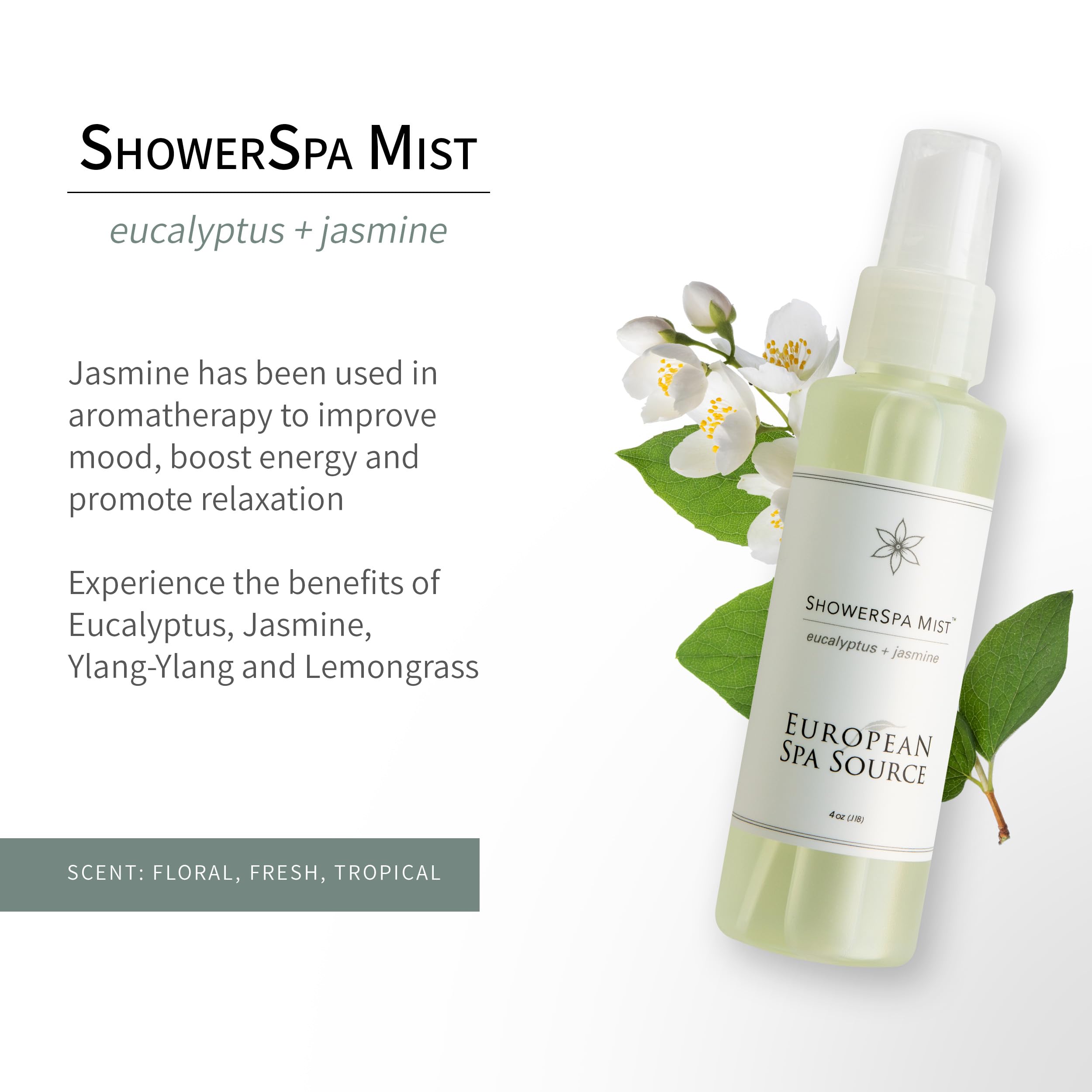 Close-up of Jasmine + Eucalyptus Shower Spa Mist bottle