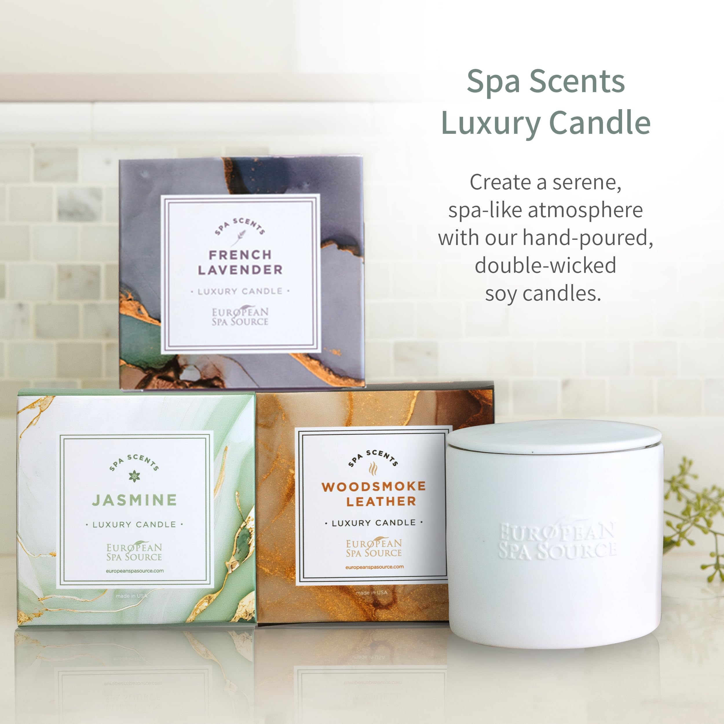 Product shot of European Spa Source Jasmine + Eucalyptus Shower Spa Mist with branding