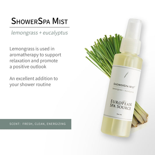 Close-up of the ShowerMist bottle with lemongrass and eucalyptus scent notes