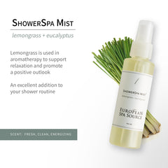 Close-up of the ShowerMist bottle with lemongrass and eucalyptus scent notes