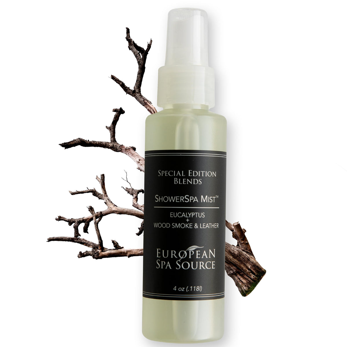 European Spa Source Special Edition Shower Spa Mist bottle front label with eucalyptus, wood smoke and leather