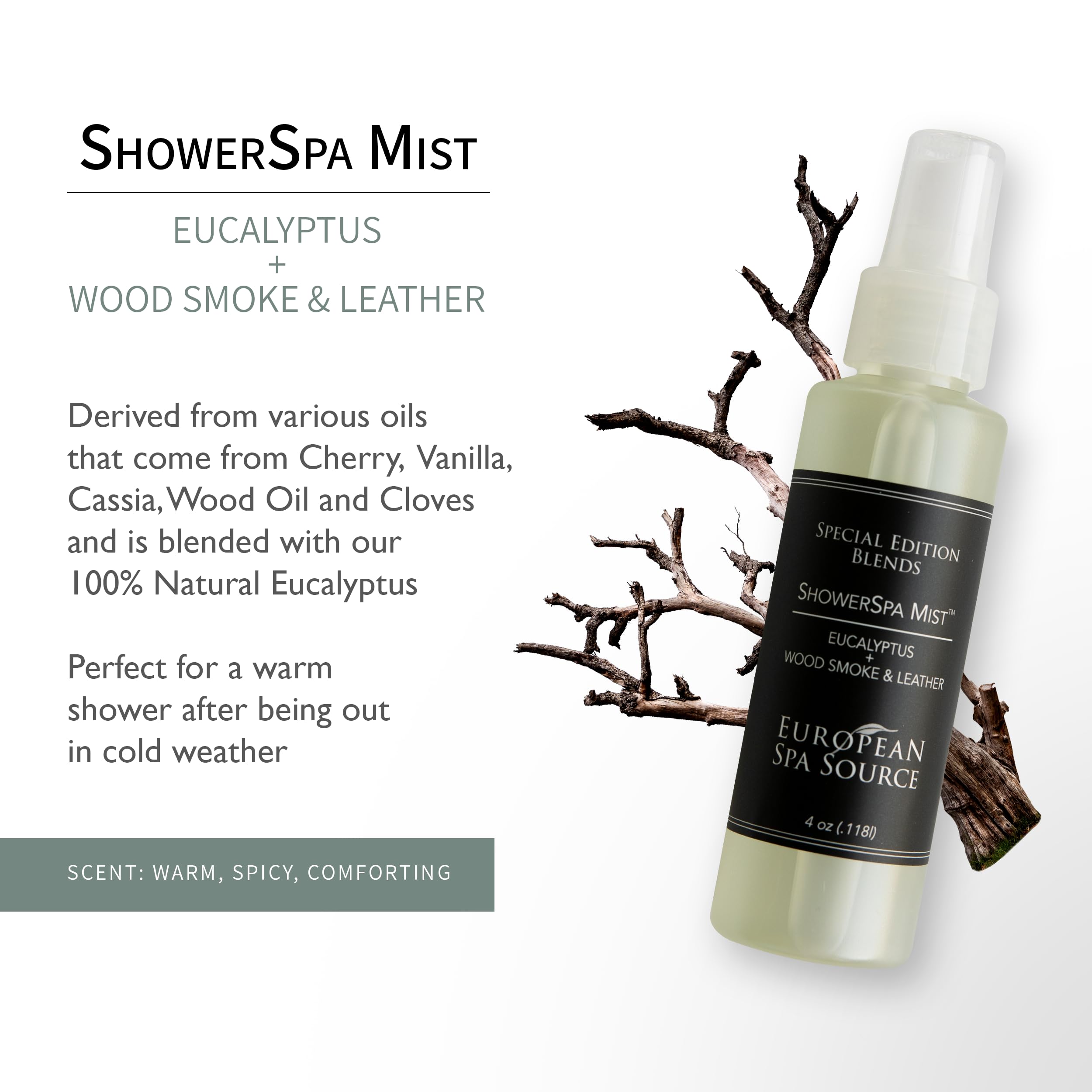 4 oz bottle of Shower Spa Mist with Eucalyptus, Wood Smoke and Leather scent