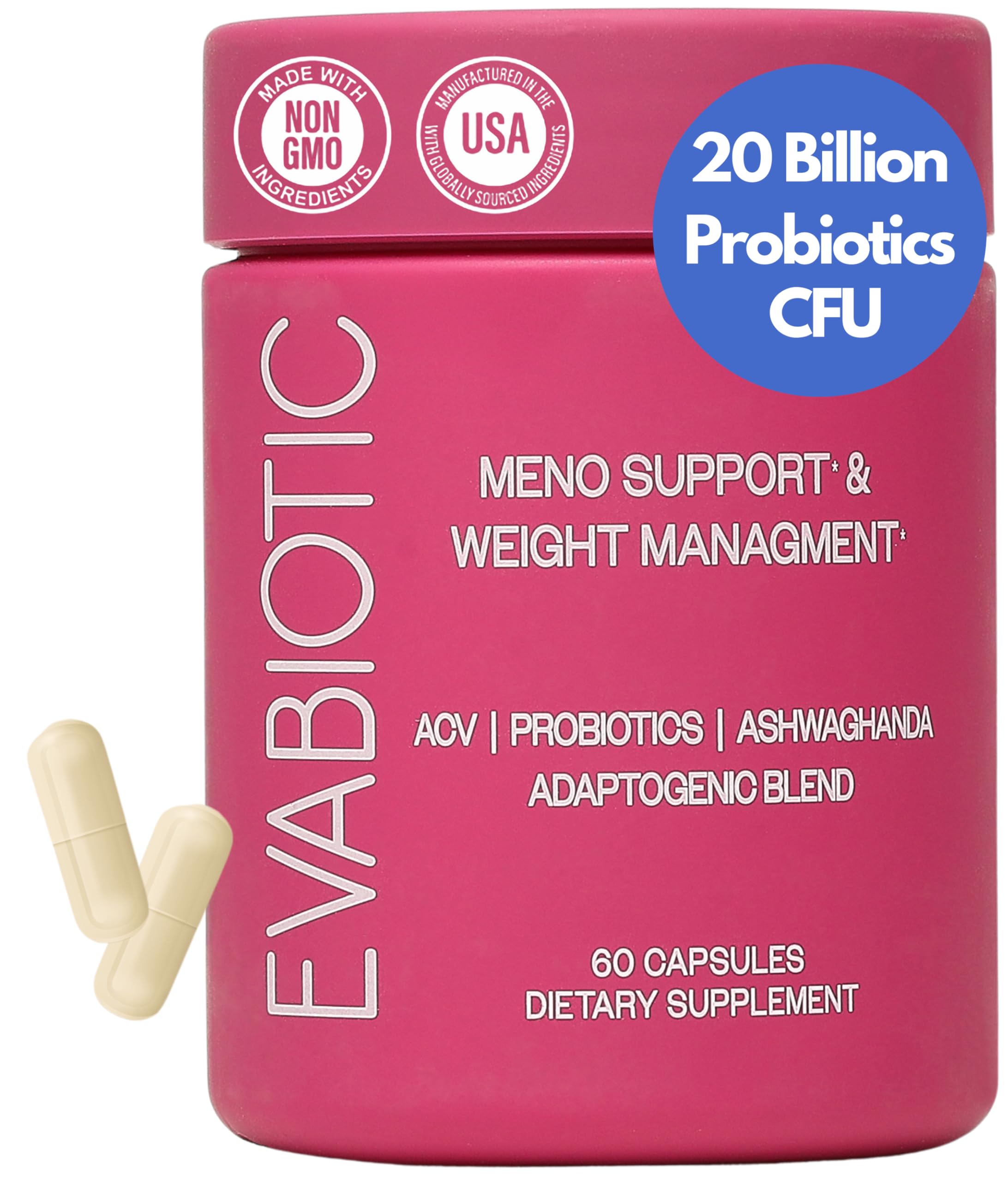 EVABIOTIC Complete Menopause bottle front with capsules for menopause support