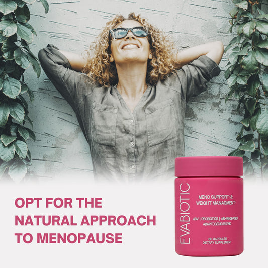 EVABIOTIC Complete Menopause bottle label close-up showing vegan non-GMO formula