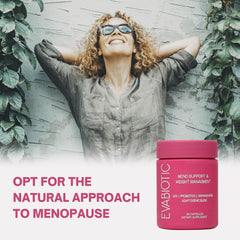 EVABIOTIC Complete Menopause bottle label close-up showing vegan non-GMO formula
