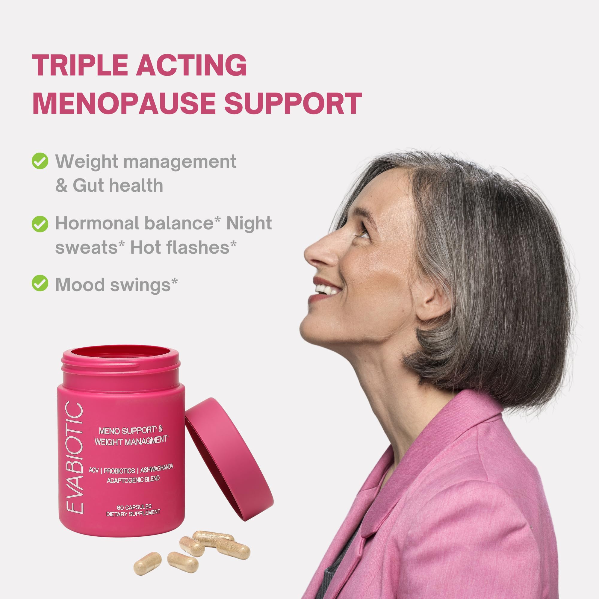 EVABIOTIC Complete Menopause capsules being poured into a hand, easy daily use