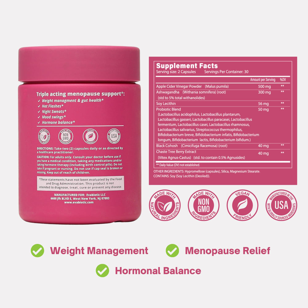 EVABIOTIC Complete Menopause digestive health blend with probiotic and ACV synergy