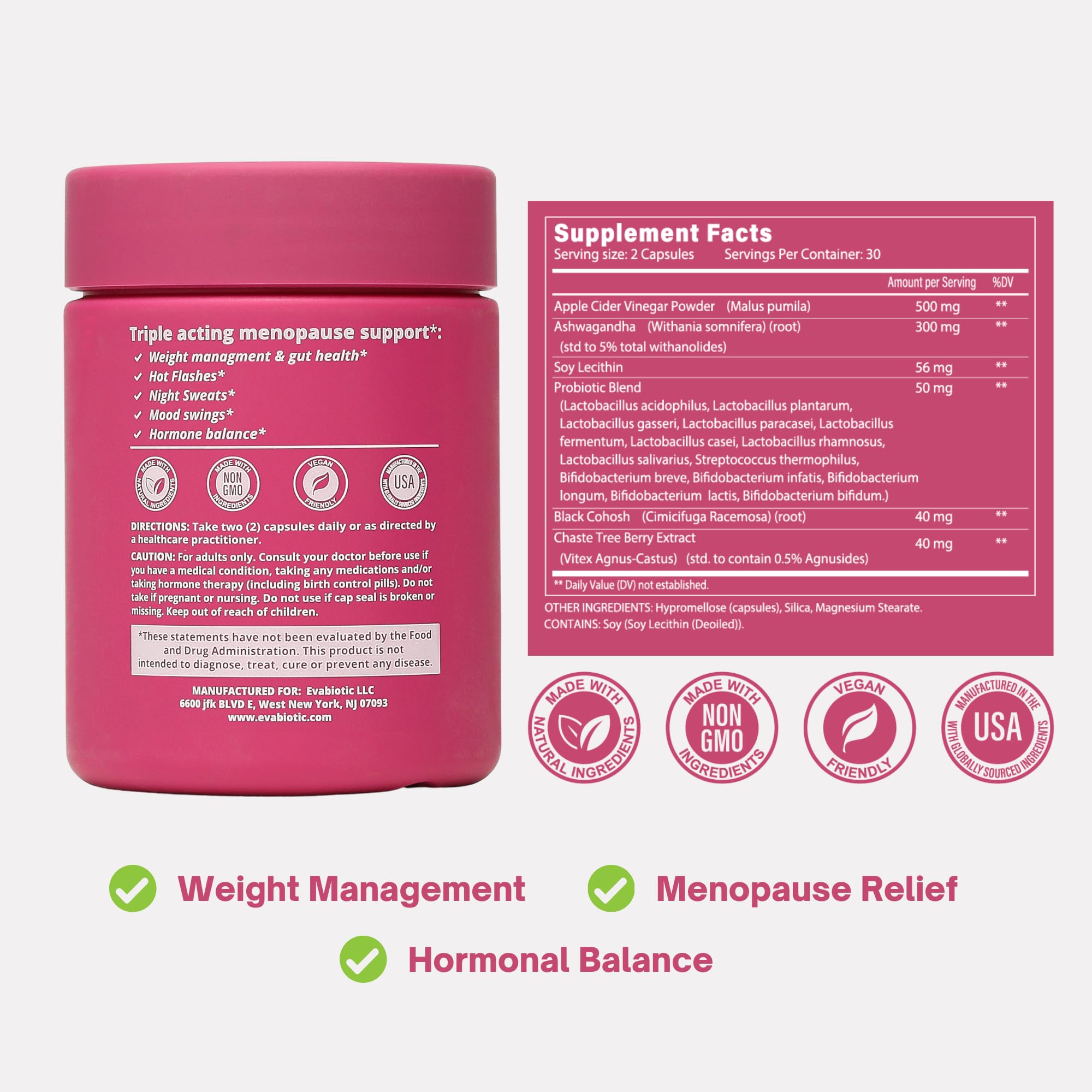 EVABIOTIC Complete Menopause digestive health blend with probiotic and ACV synergy
