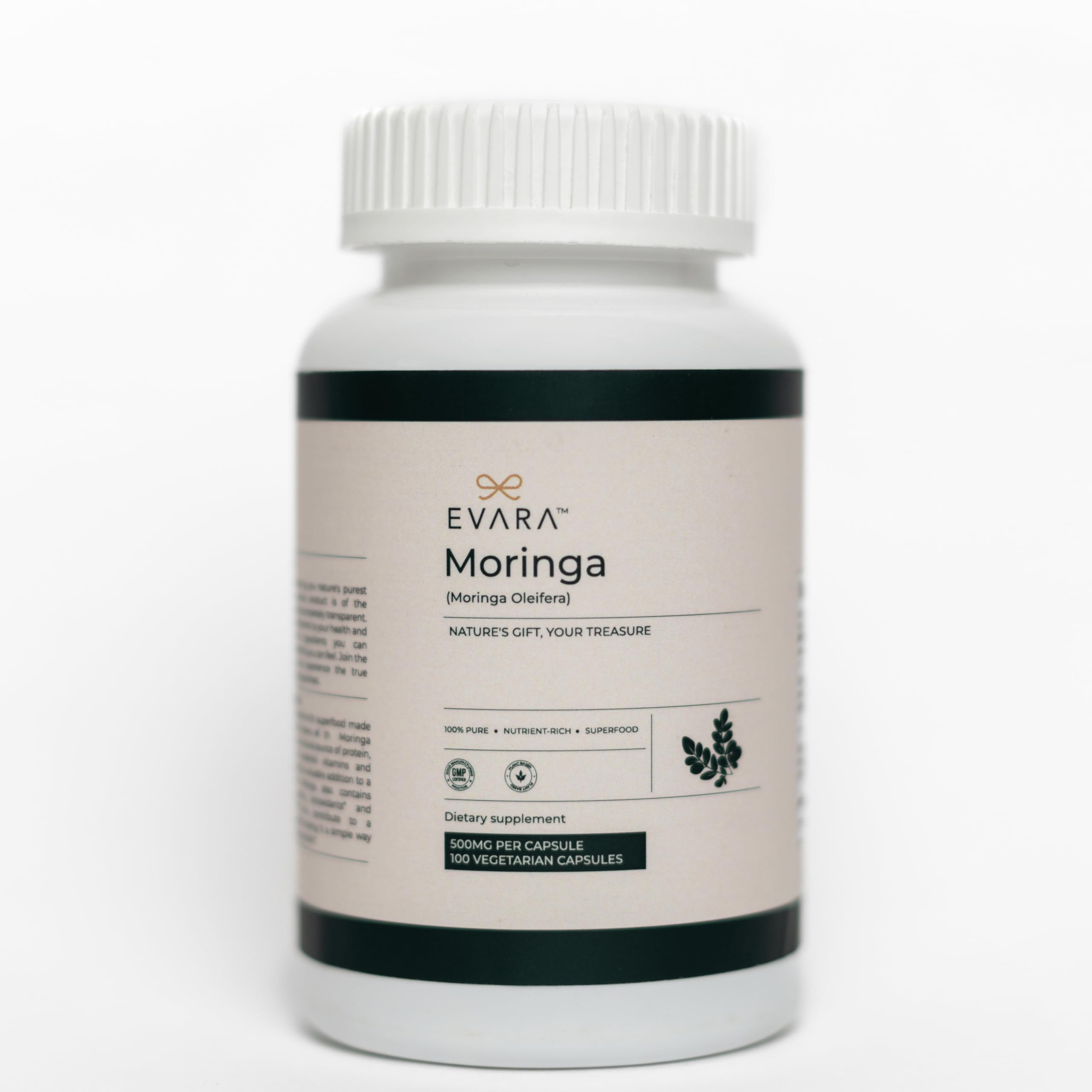 Front view of EVARA Moringa Capsules 500mg bottle