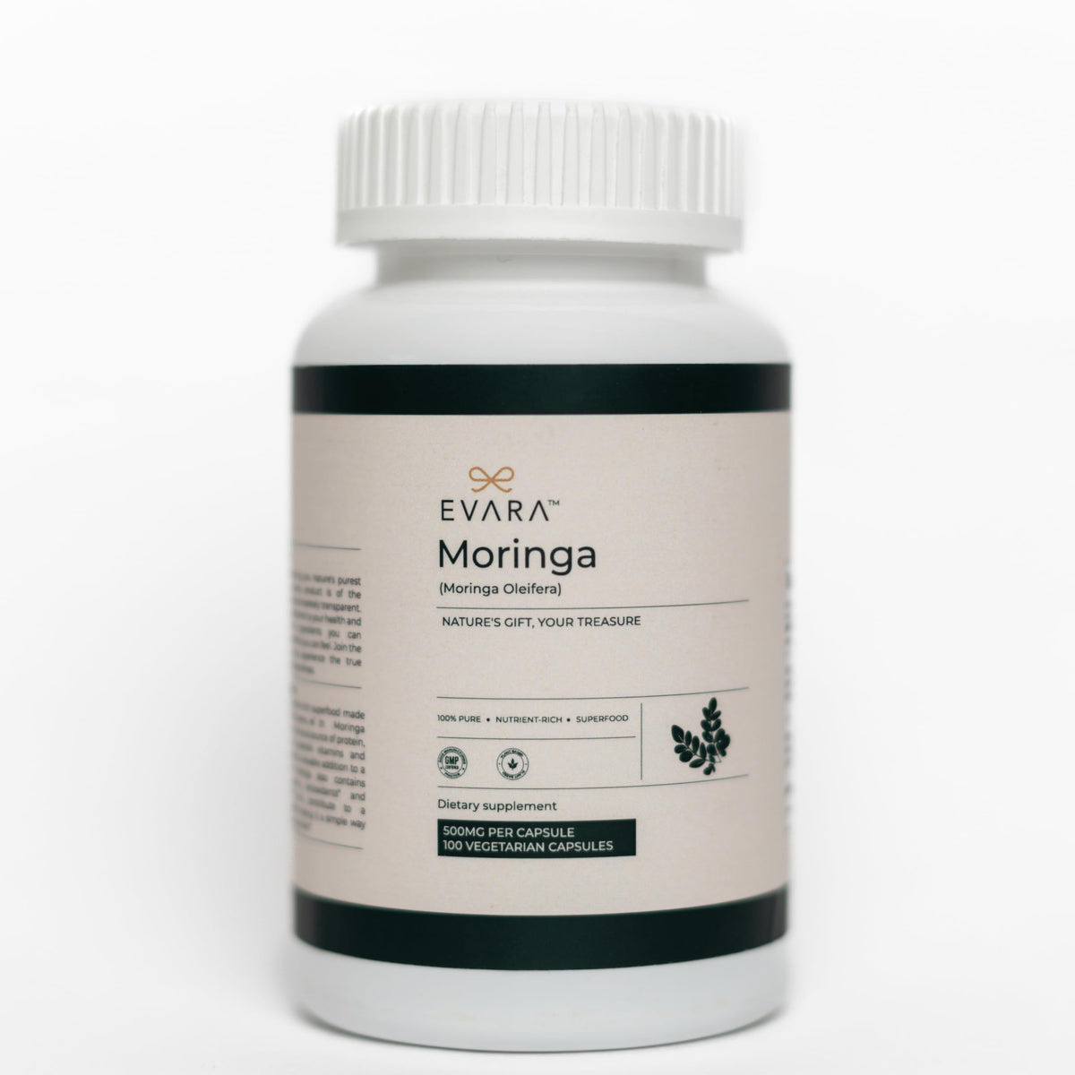 Front view of EVARA Moringa Capsules 500mg bottle