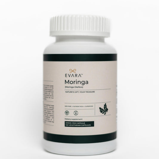 Front view of EVARA Moringa Capsules 500mg bottle